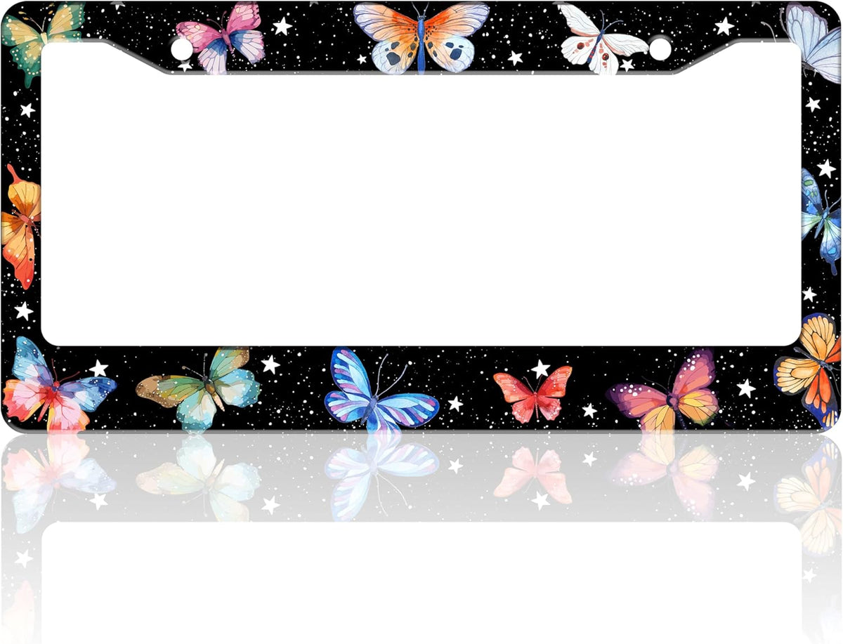 Beautiful Colorful Butterfly License Plate Frame Funny Watercolor License Plate Holder for Front or Rear Car Tags Stainless Steel Car Decoration with Screws 6.3 X 12.2 in
