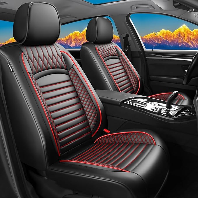 Fit Outback Car Seat Covers for Subaru Outback 2010-2024 2025 2026 - Upgraded Premium Waterproof & Breathable Leather, Airbag Compatible, All-Weather Seat Cushion Protector (2 Front/Black+Red)