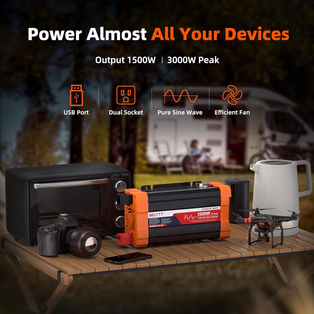 BELTTT 1500W Pure Sine Wave Inverter 12V to 120V AC, Car Power Inverter 12V to 110V Converter for RV, Truck, Solar, Off-Grid with Dual AC Socket, 5V 2.1A USB, Surge 3000W, Smart LCD Display