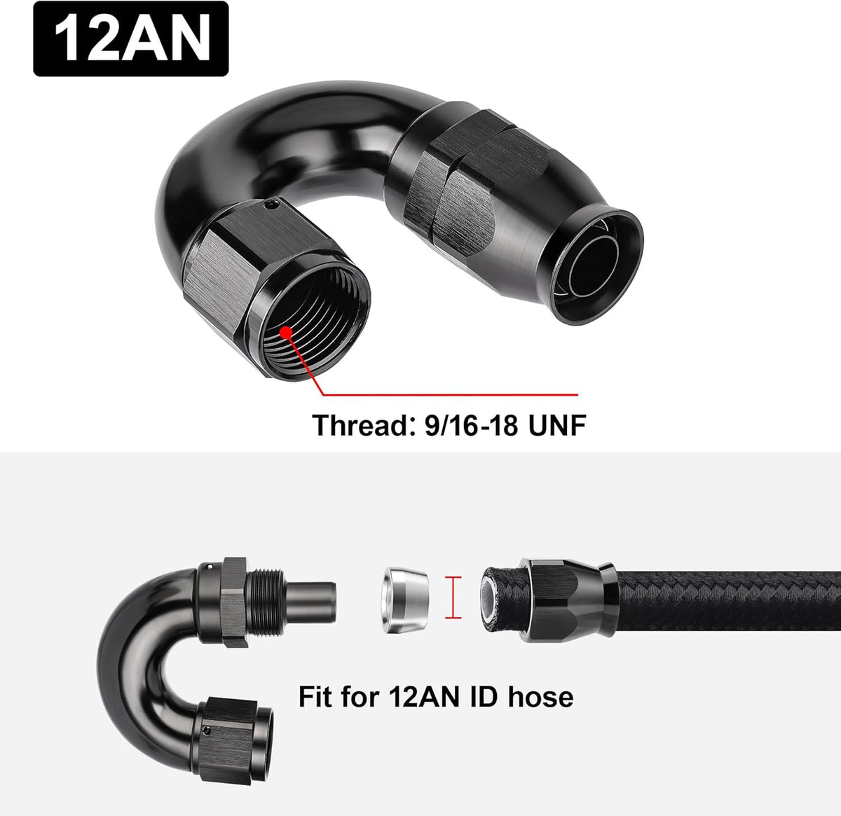 EVIL ENERGY 12AN 180 Degree PTFE One Piece Full Flow End Hose Fitting Aluminum Black
