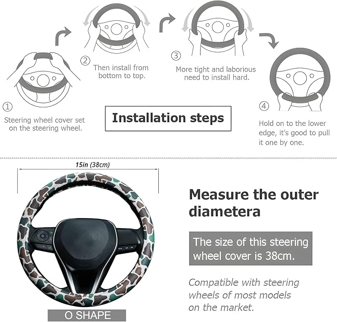 Army Dark Camo Steering Wheel Cover Auto Leather Steering Wheel Protector, Anti-Slip, Breathable, Absorbing Sweat, Universal Camo Car Accessories 14.5–15 inch,Fit for Most Car, Trucks, SUV
