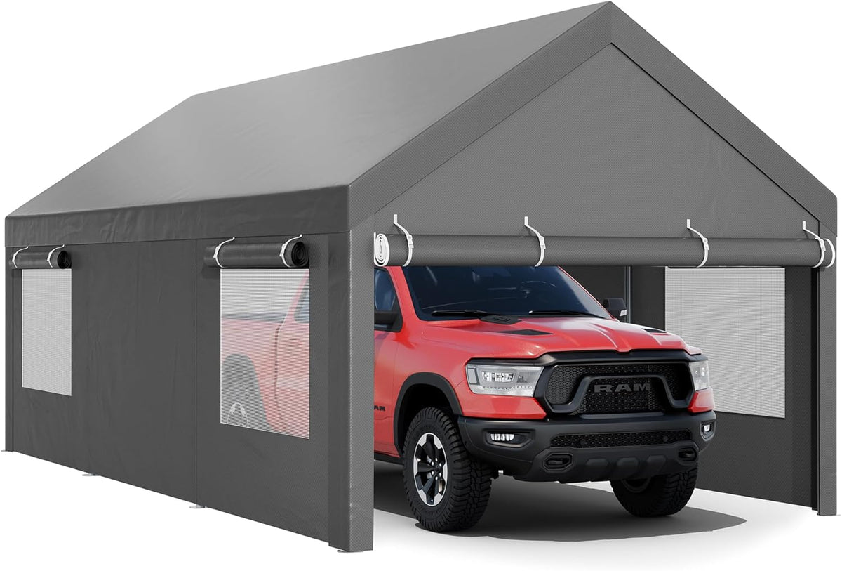 JY QAQA 10x20 FT Heavy Duty Carport with Removable Side Walls and Doors, Portable Garage with Roll-Up Window and Sandbags, Car Canopy with All-Season Tarp for Cars, Trucks, Boats, Grey