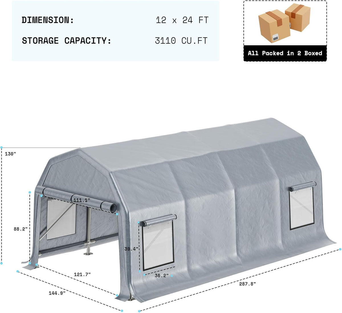 AMERLIFE 12x24 FT Heavy Duty Carport Garage Canopy, All-Weather Steel Frame Outdoor Shelter with Roll-Up Door & 4 Vented Windows, UV-Proof Waterproof Portable Storage for Cars, Boats, Silver