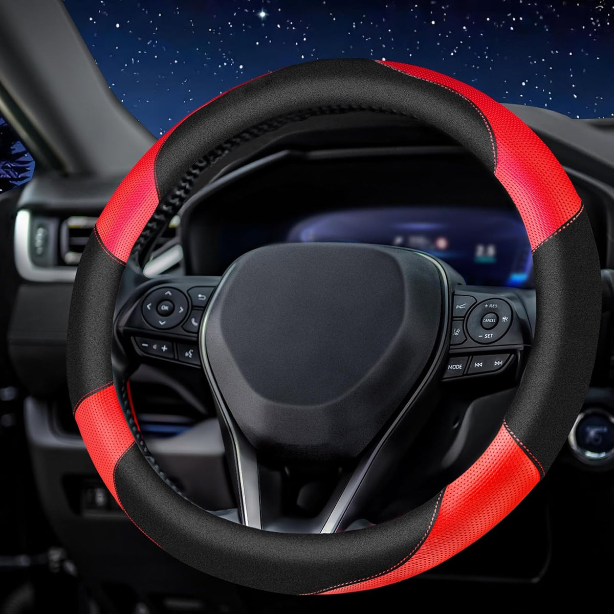 Breathable Soft Leather Steering Wheel Cover with Anti-Slip Grip, fits 14.2 to 14.96 inch Round Wheels and Compatible with Tesla, Toyota, Honda, Nissan Models（Sedans and SUVs）