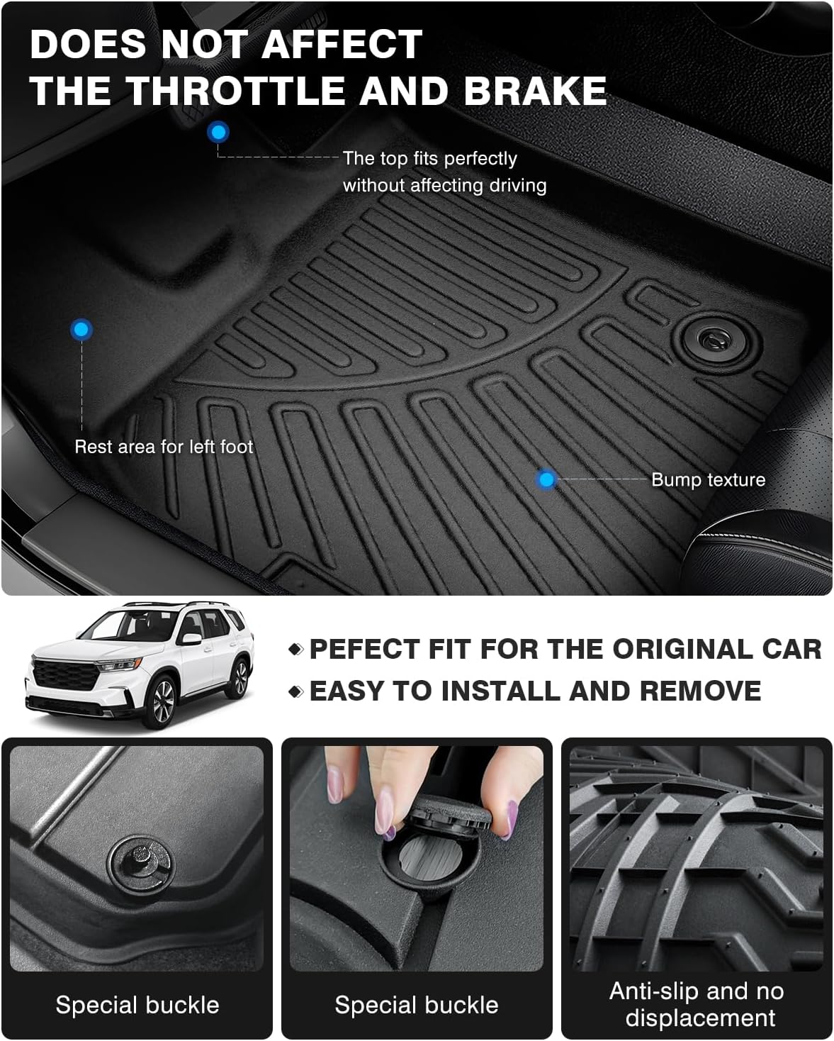 Powerty Floor Mats for 2023 2024 2025 Honda Pilot Accessories All Weather Floor Liner 3D TPE 3 Row Floor Mat Heavy-Duty Floor Liners