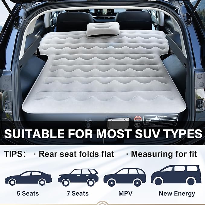 Coverado SUV Air Mattress, Thickened Flocked-Top Car Air Mattress with Wireless Built-in Pump, Pillows, Patch Kit & Carry Bag, Quick&Easy Set Up, SUV Mattress Camping Bed Universal fit for Most Cars