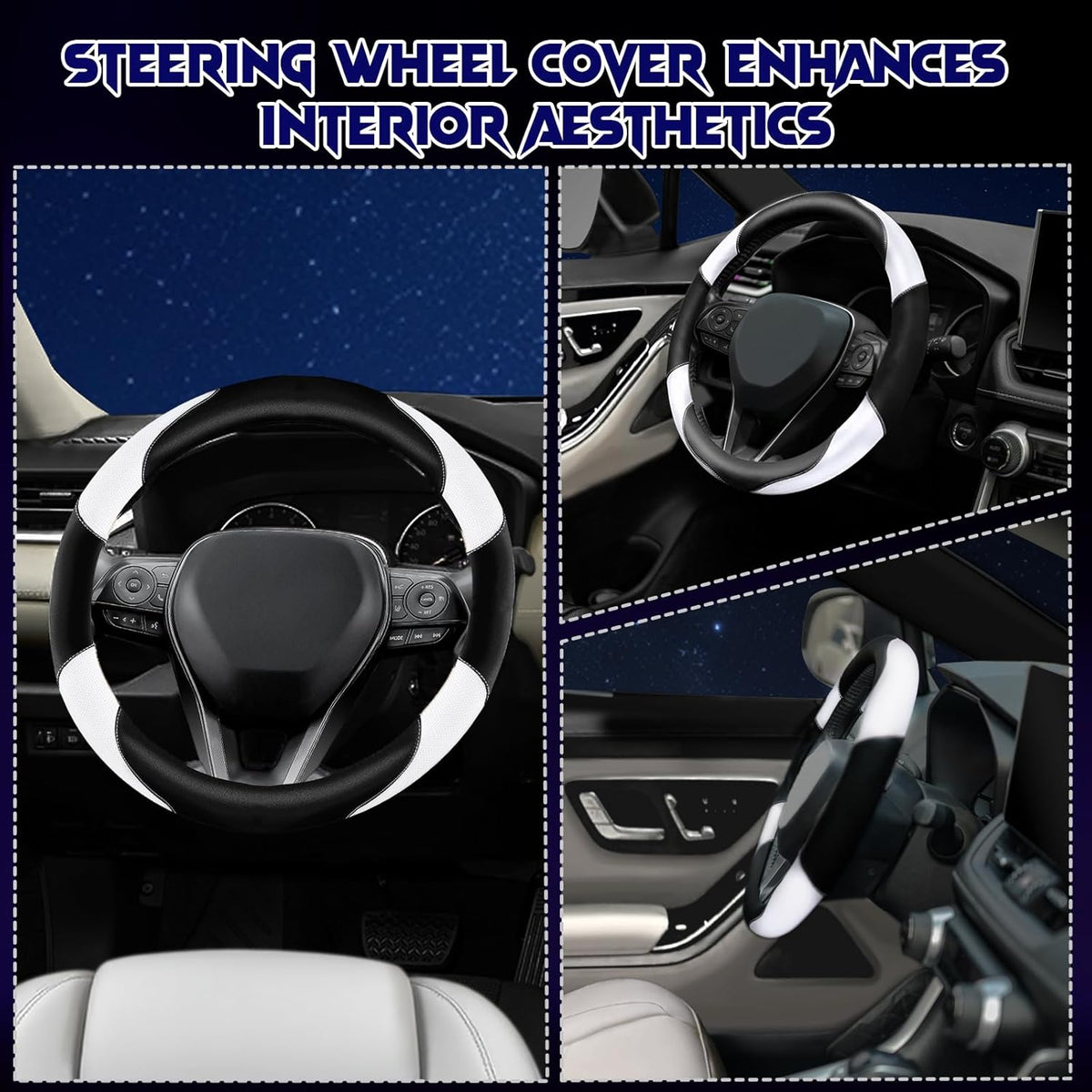 Soft Leather Steering Wheel Cover with Breathable Design and Anti-Slip Grip, Fully Compatible with Tesla, Toyota, Honda, Nissan 14.2-14.96 inch Round Steering Wheel（Sedans and SUVs）