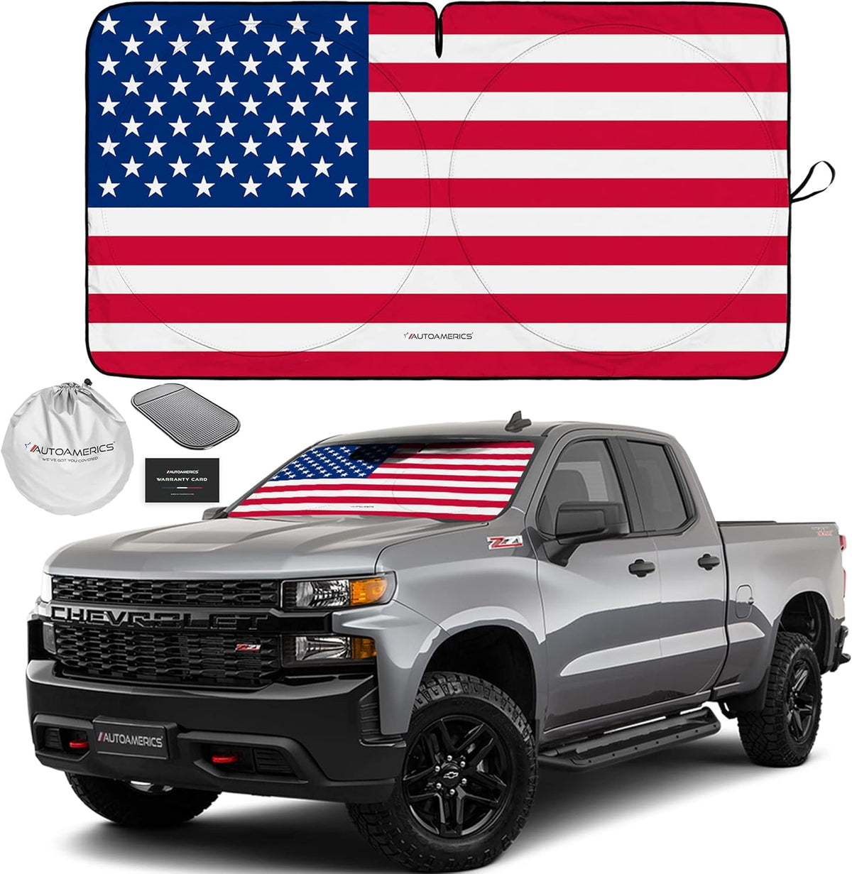Autoamerics 1-Piece Windshield Sun Shade Original American Flag USA Patriotic Design - Foldable Car Front Window Sunshade for Sedans SUV Truck - Blocks Max UV Rays and Keeps Your Vehicle Cool - Large