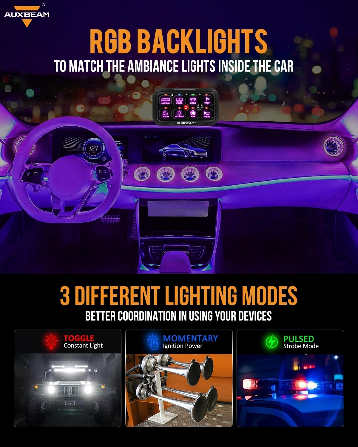 Auxbeam 8 Gang Switch Panel RC-800 RGB Wireless Remote Control Range Up to 165FT Multifunction Switch Pod 3 lighting modes with Backlit Off and Auto Dimmable for RV Offroad Waterproof 2 Years Warranty