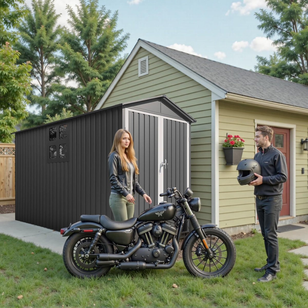 5’ x 10’ Motorcycle Storage Sheds, Metal Shelter & Garage with Windows and Lockable Door Handle, Heavy Duty Vehicle Shed for All Weather, Anthracite with White Trim