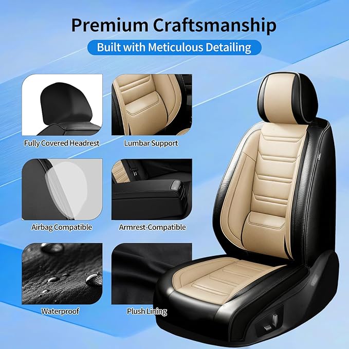 Fit Bolt Car Seat Covers for Select Chevrolet Bolt/Bolt EUV 2017-2025, Premium Full Coverage Leather, Airbag Compatible, Waterproof All Weather Seat Cushion Protector, Full Set, Black+Beige