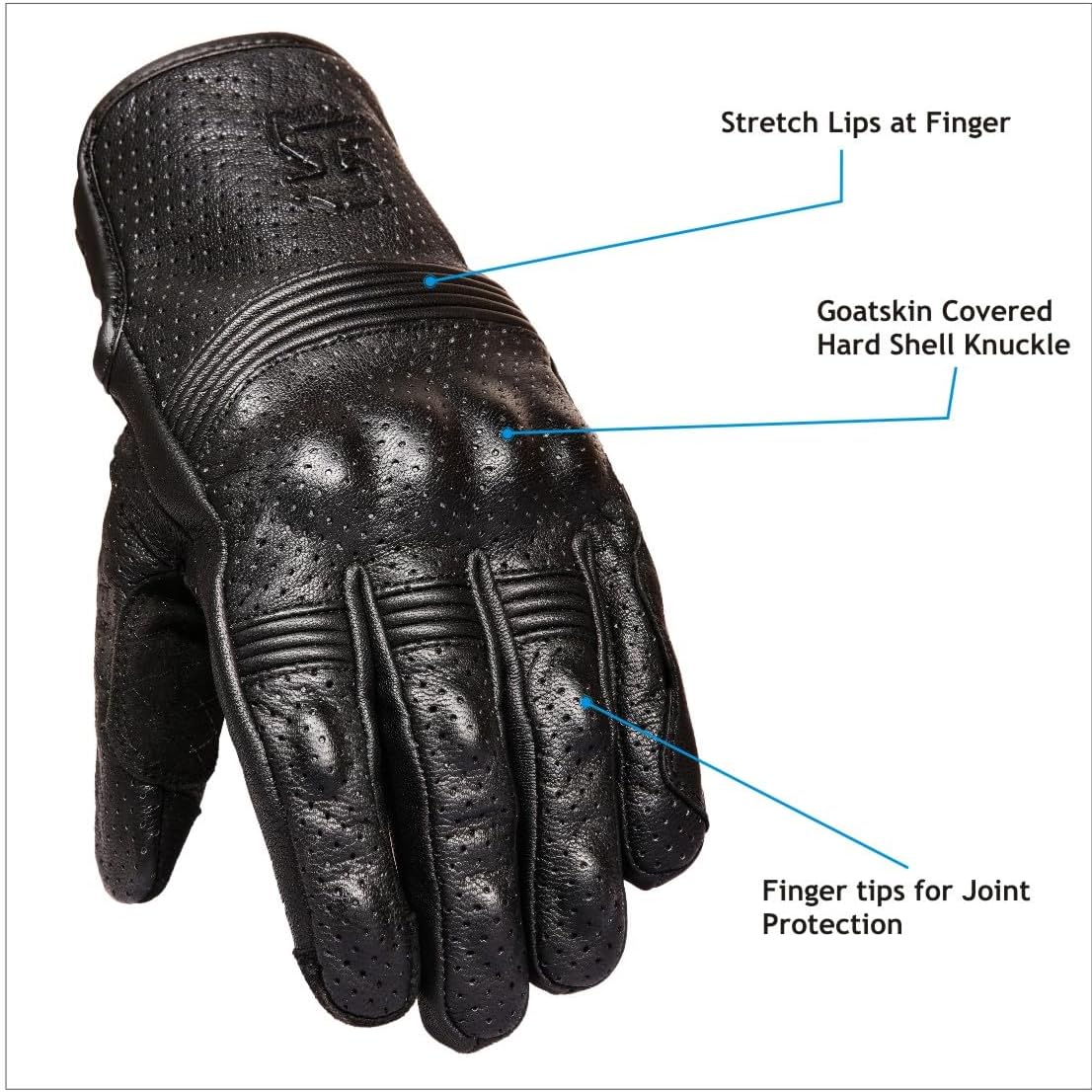 Leather Motorcycle Gloves for Men and Women | Touchscreen | Full Finger | Goatskin Leather Hard Knuckle Motorcycle Riding Gloves (Perforated, Small)