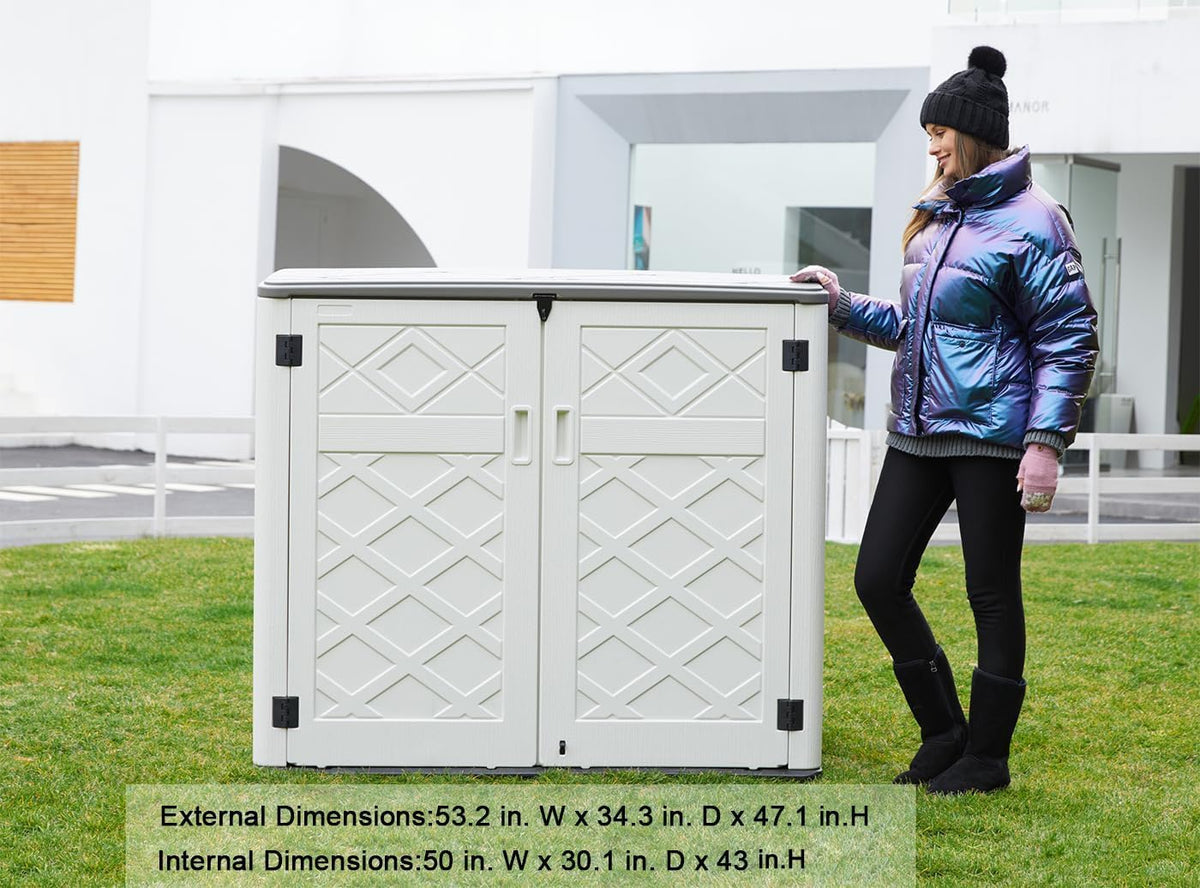 KINYING Larger Outdoor Storage Shed Weather Resistance, Horizontal Outdoor Storage Box Waterproof for Garden, Patios, Backyards, 48 Cu.ft Capacity for Garbage Cans, Lawn Mower, Garden Tools