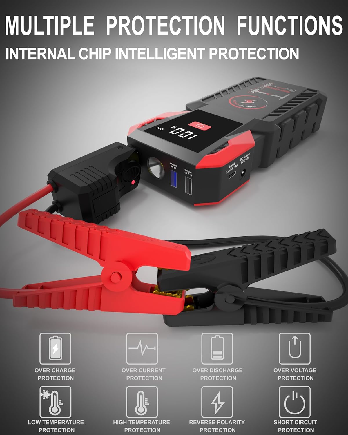 Jump Starter 3000A Peak 12V Portable Car Battery Jump Starter 24000mAh Jump Box for up to 8L Gas or 8L Diesel Engine Jump Starter Battery Pack with LED Light, USB QC 3.0 and Wireless Charging