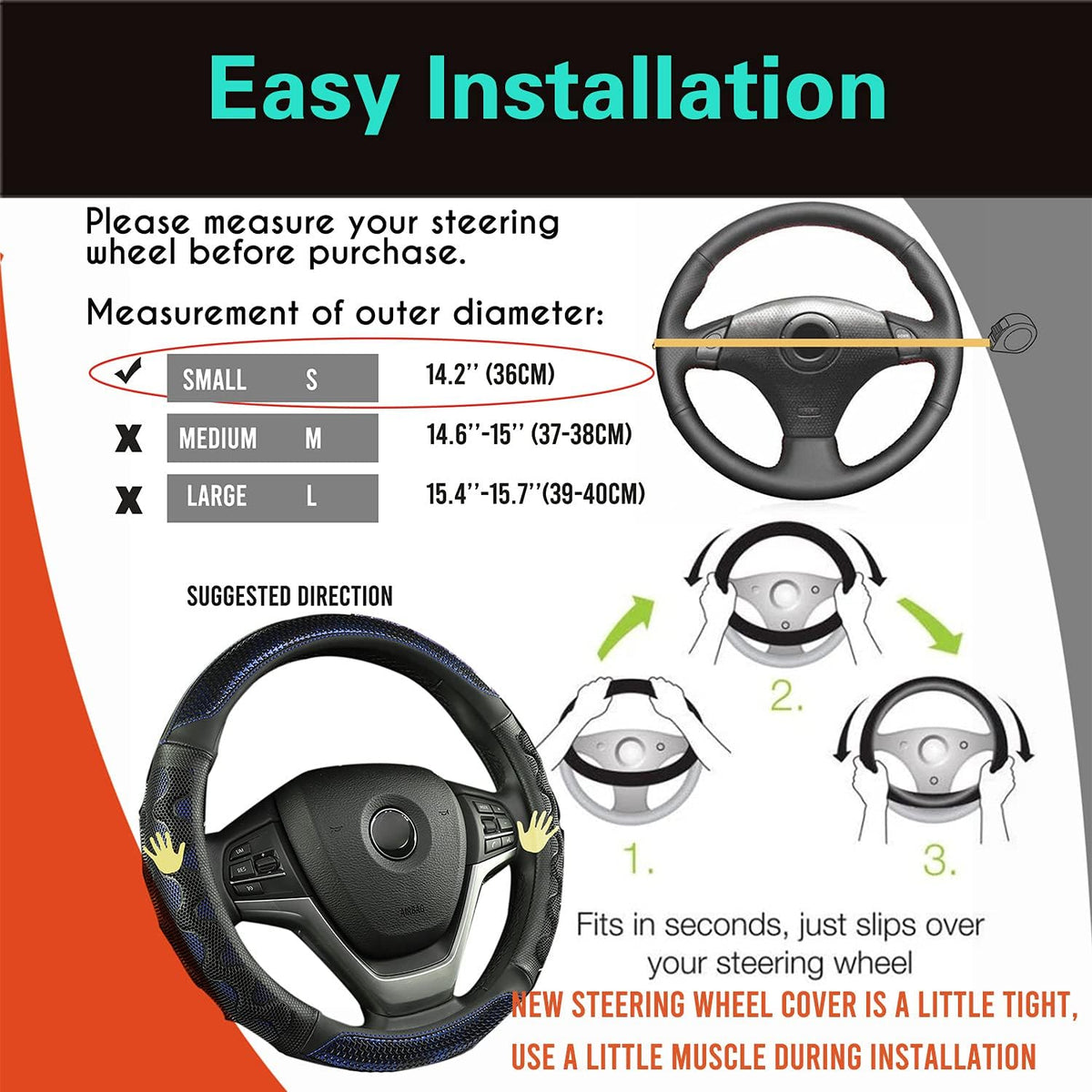 PINCTROT Small Size Steering Wheel Cover Great Grip with 3D Honeycomb Anti-Slip Design, 14 Inch (Blue)