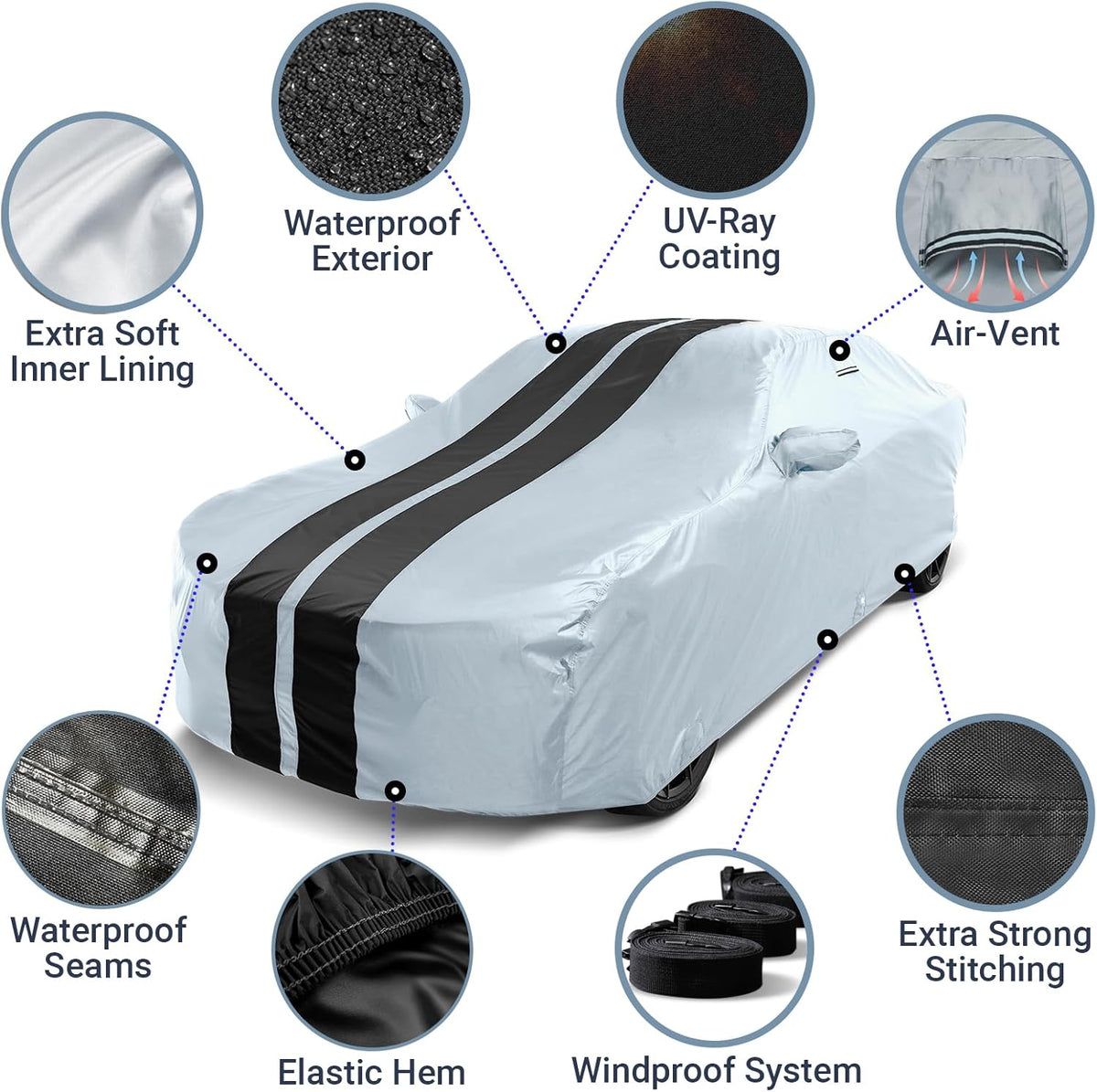 iCarCover Custom Car Cover for Pontiac Sunbird Wagon (1983-1988) Waterproof All-Weather Rain Snow UV Sun Protector Full Exterior Indoor Outdoor Car Cover (Stripe - Gray/Black)
