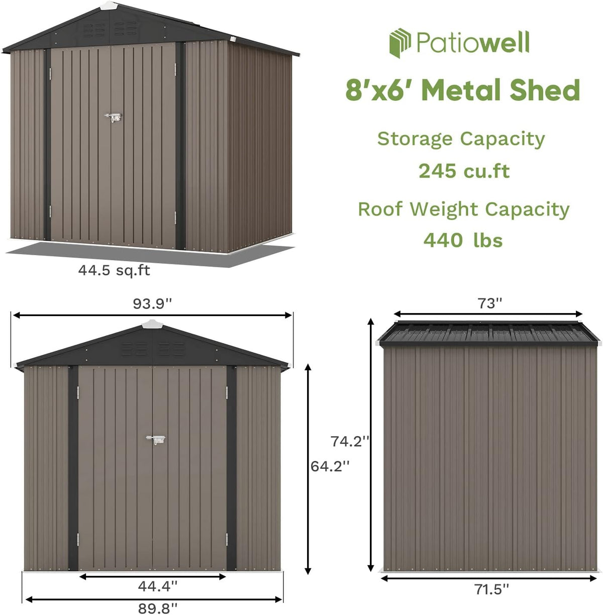 Patiowell 8x6 FT Outdoor Storage Shed, Metal Tool shed & Outdoor Storage with Lockable Doors & Air Vents, for Backyard Garden Patio, Brown