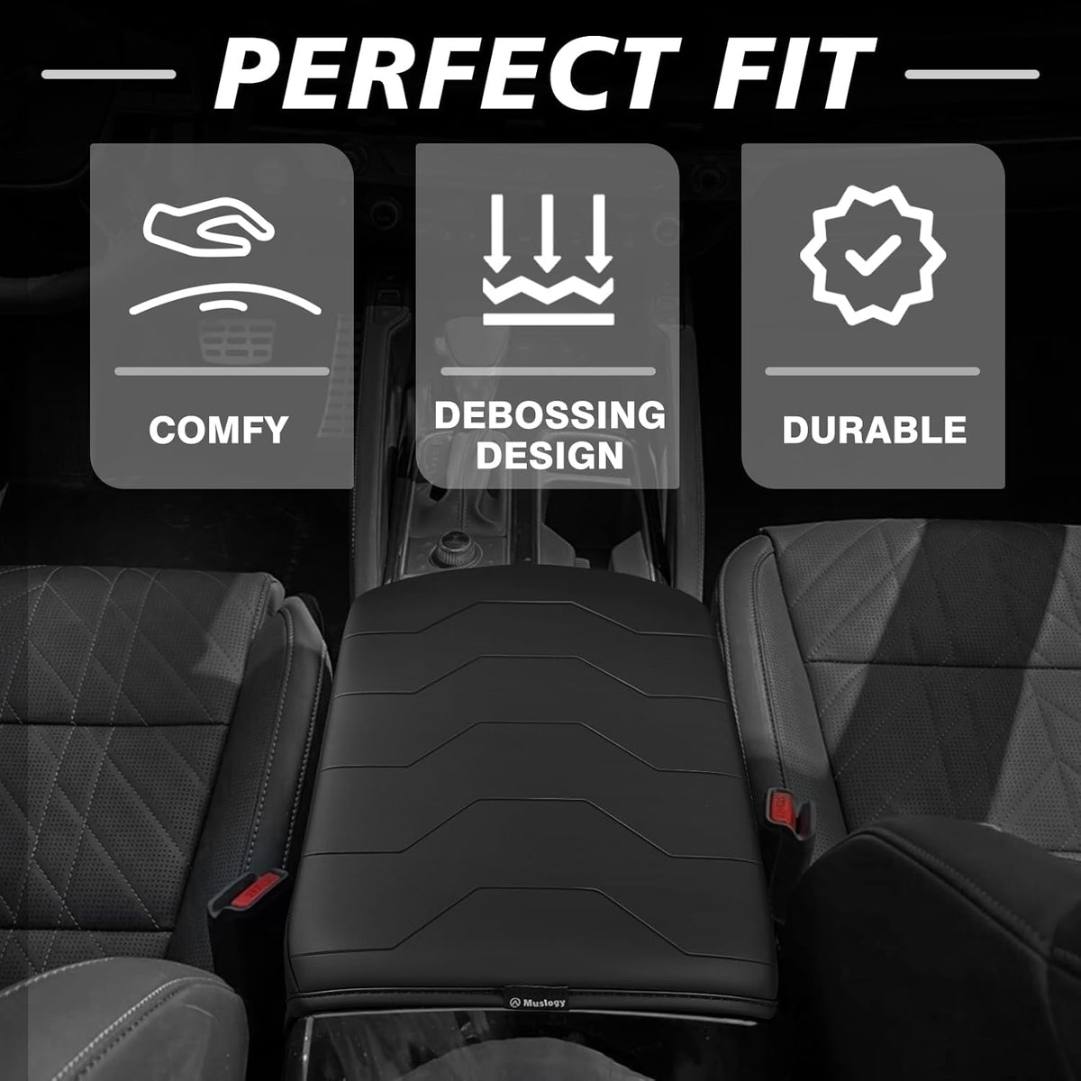Muslogy Center Console Armrest Cover Compatible with 2020-2024 2025 Kia Telluride Comfort Armrest Pad Arm Rest Cushion Vegan Leather Protector Black Regular Thick