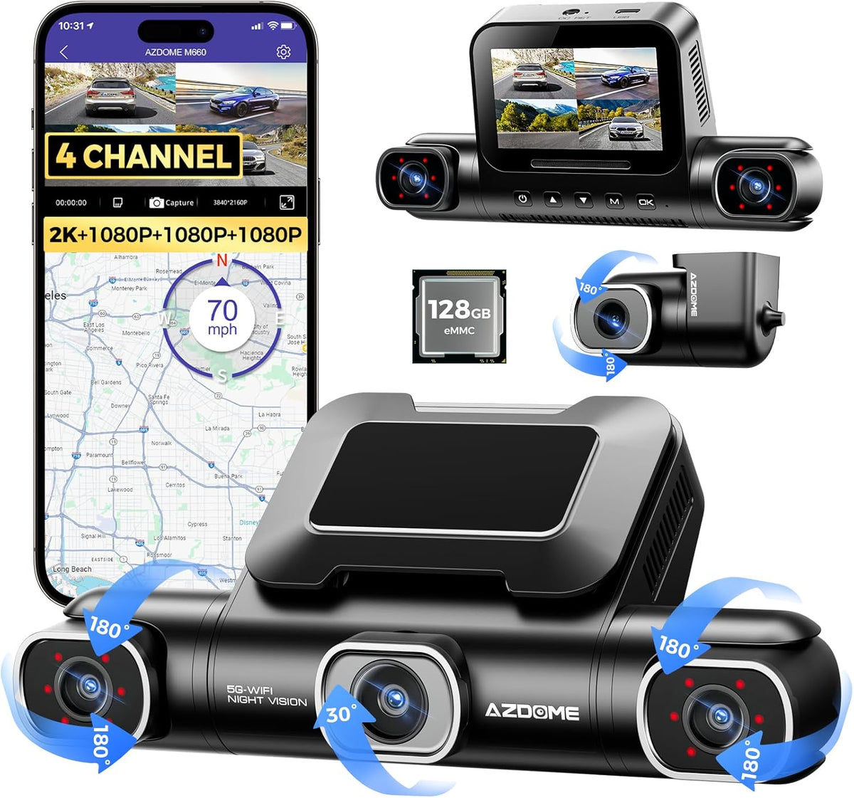 AZDOME 360° 4 Channel Dash Cam, Built-in 128GB eMMC, 2K+1080P*3 Dashcam Front and Rear Inside Left Right, Voice Control, 5G WiFi Dash Camera for Cars with 4 Adjustable Lenses, IR Night Vision, M660