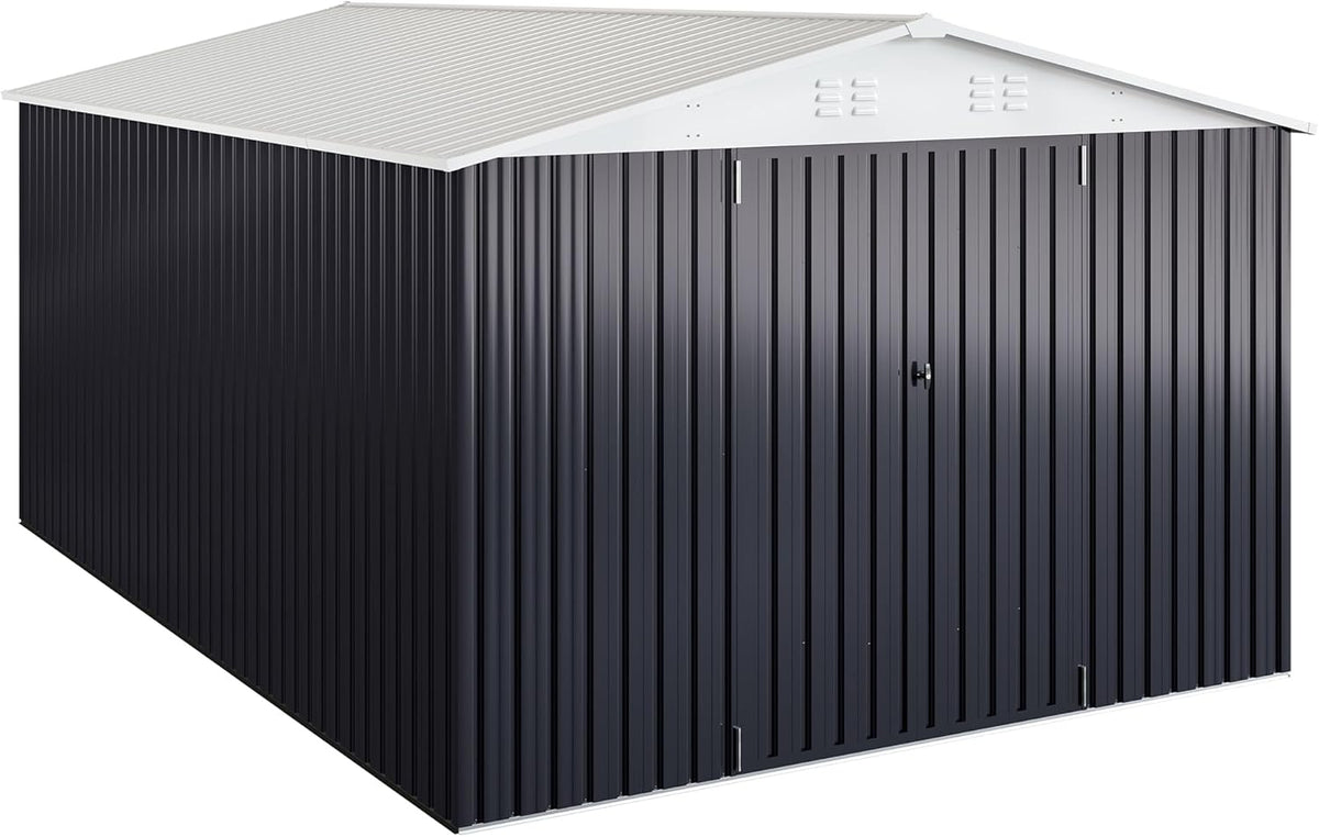WKM 10x14 Outdoor Storage Shed, Garden Shed with Updated Frame Structure and Lockable Doors, Metal Tool Sheds for Backyard Garden Patio Lawn, White
