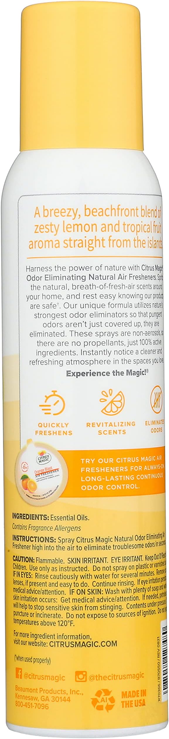 Citrus Magic Odor Eliminating Air Freshener Spray, Tropical Lemon, 3-Ounce, Pack of 3