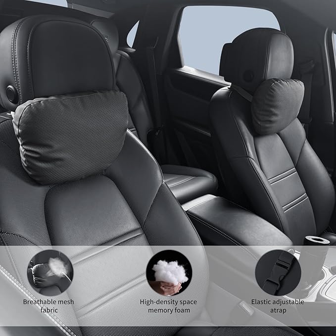 2 Pack Car Neck Pillows, PU Leather Car Headrest Support with Adjustable Strap, Ergonomic Dupont Bio Cotton Head Rest Pillow for Road Trips & Daily Commutes (Black, Soft Style)