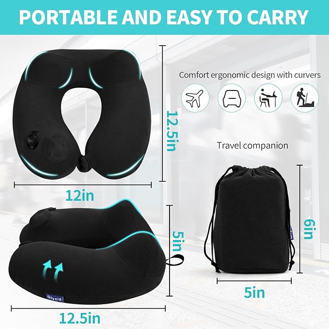 Inflatable Travel Neck Pillow for Airplane, Head Support Velvet Adult Neck Pillow for Long Flight, Kit with Eye Mask, Earplugs and Storage Bag,1, Black