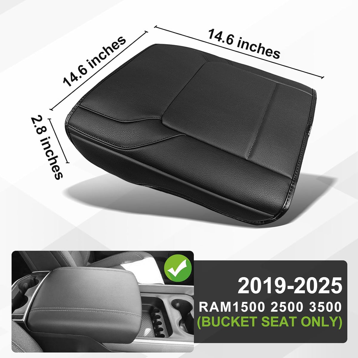 Muslogy Center Console Armrest Cover Compatible with Dodge Ram1500 2500 3500 2019-2024 Comfort Armrest Pad Arm Rest Cushion Vegan Leather Protector Regular Thick(Bucket Seat ONLY, NO Limited,Laramie)