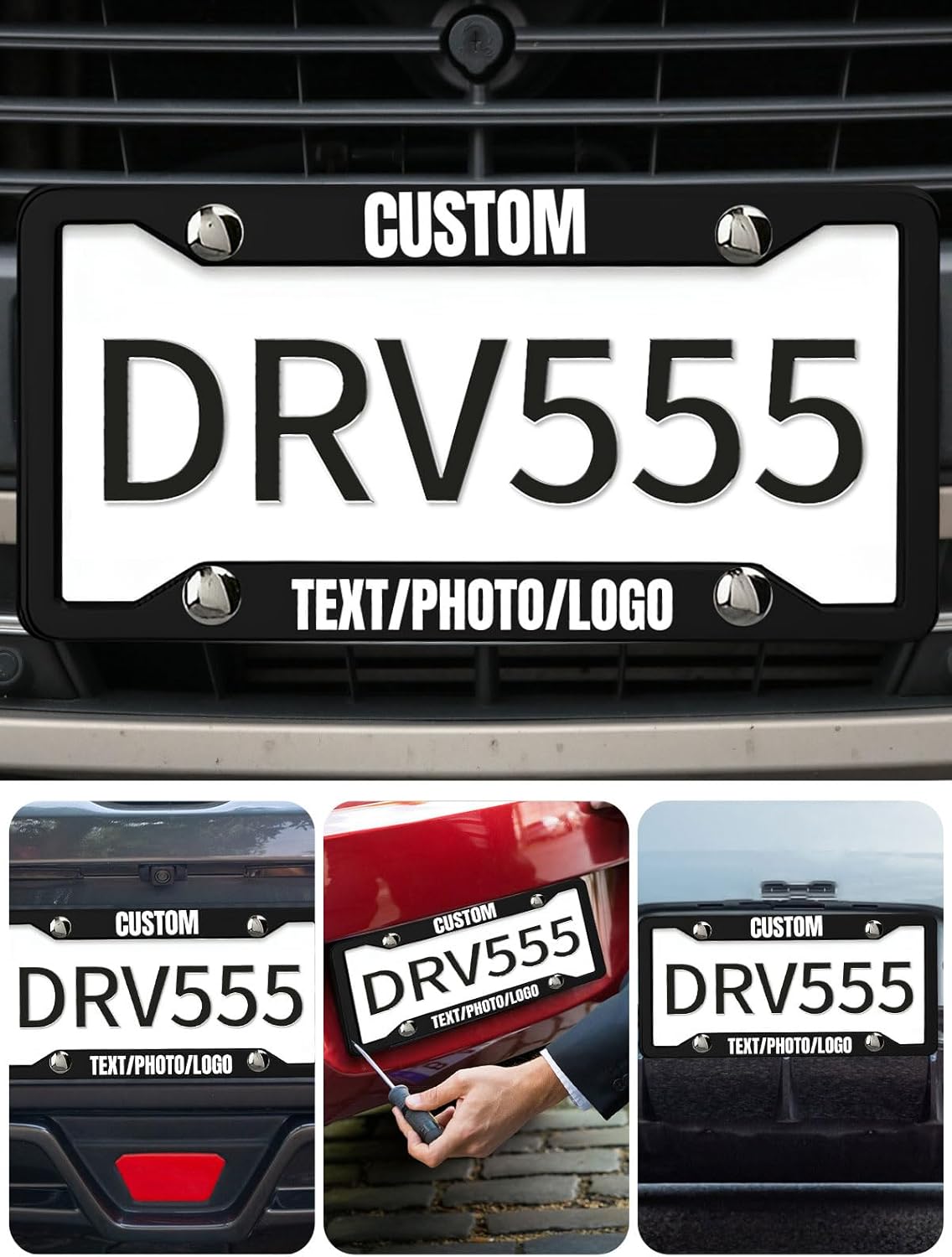 Custom License Plate Frame – Personalized License Plate Holder with Photo & Text – Rust-Proof Aluminum Car Tag Cover for Front/Rear, Car Accessory for Men & Women, Includes Screws, 12"x6"