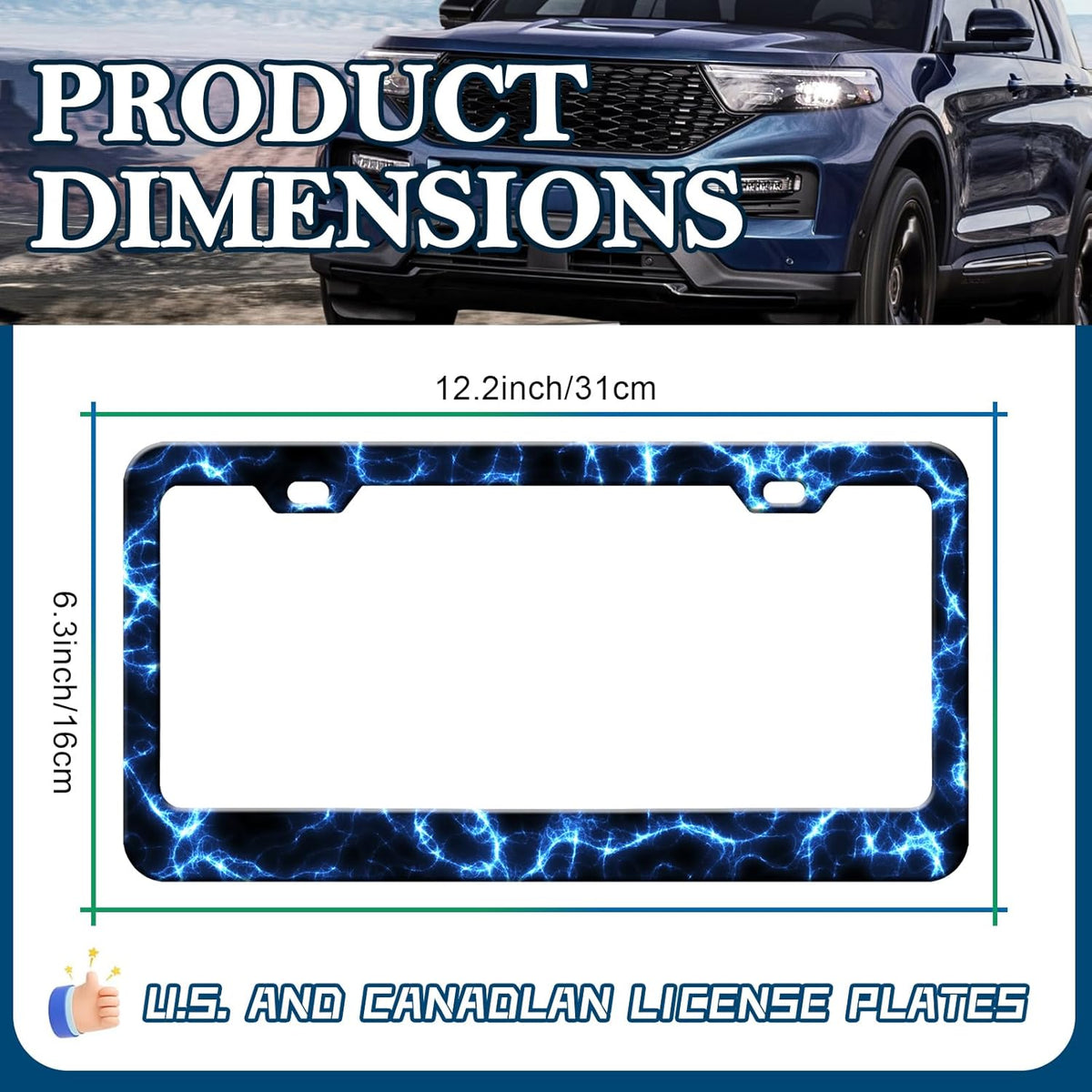 Blue Lightning License Plate Frames - 2 Pack Cool Thunder Stainless Steel License Plate Holder,Rust-Proof Waterproof Car Decorative Tag Frame with Screws Fasteners Caps