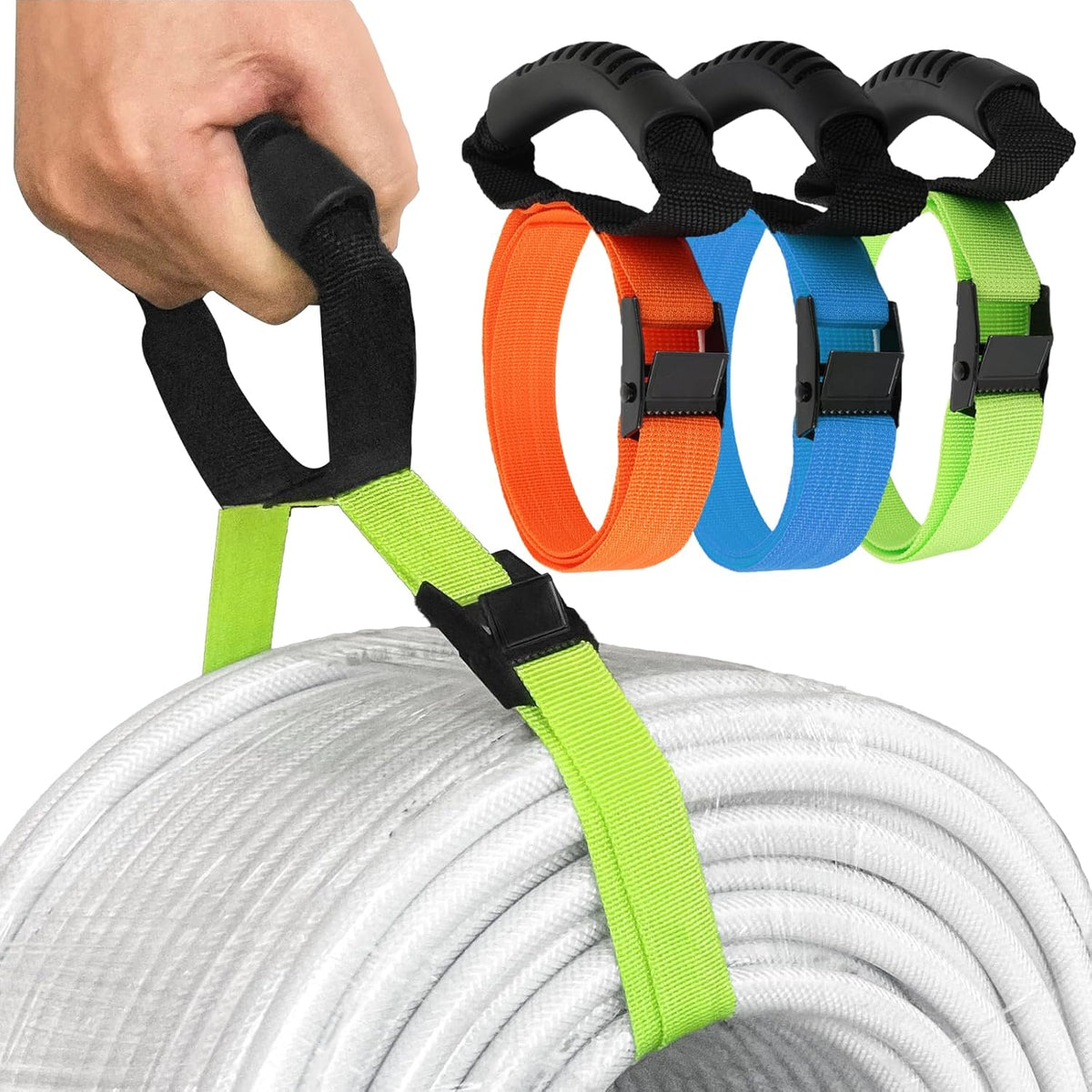 Heavy Duty Storage Straps with Handle and Easy Adjustable Steel Black Lock Slider Buckles,Extension Cord Strap for Cords Pool Hoses Ropes and Garden Hose (3 Pack)