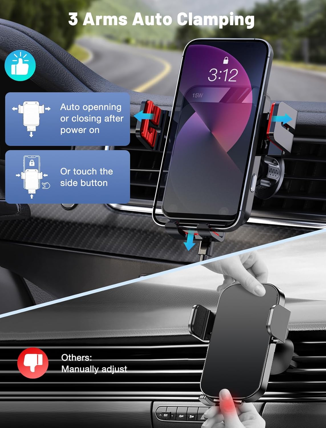 Wireless Car Charger, MOKPR Auto-Clamping Car Mount 15W/10W/7.5W Fast Charging Air Vent Car Phone Mount Compatible with iPhone 15/14/13/13 Pro/12 Pro Max/12/11/10/8 Series, Samsung Galaxy Series Red