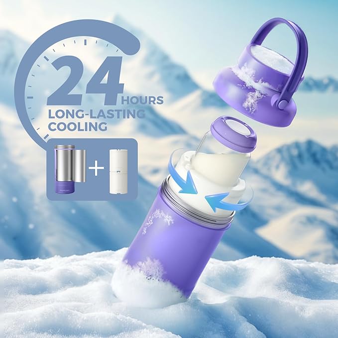 Momcozy 22oz Portable Breast Milk Cooler for Outdoor, Life Saver with 360° Total Cooling for 24 Hours, Larger Capacity Travel Breastmilk Chiller with 2pcs Baby Bottles for Breastmilk Storage, Purple