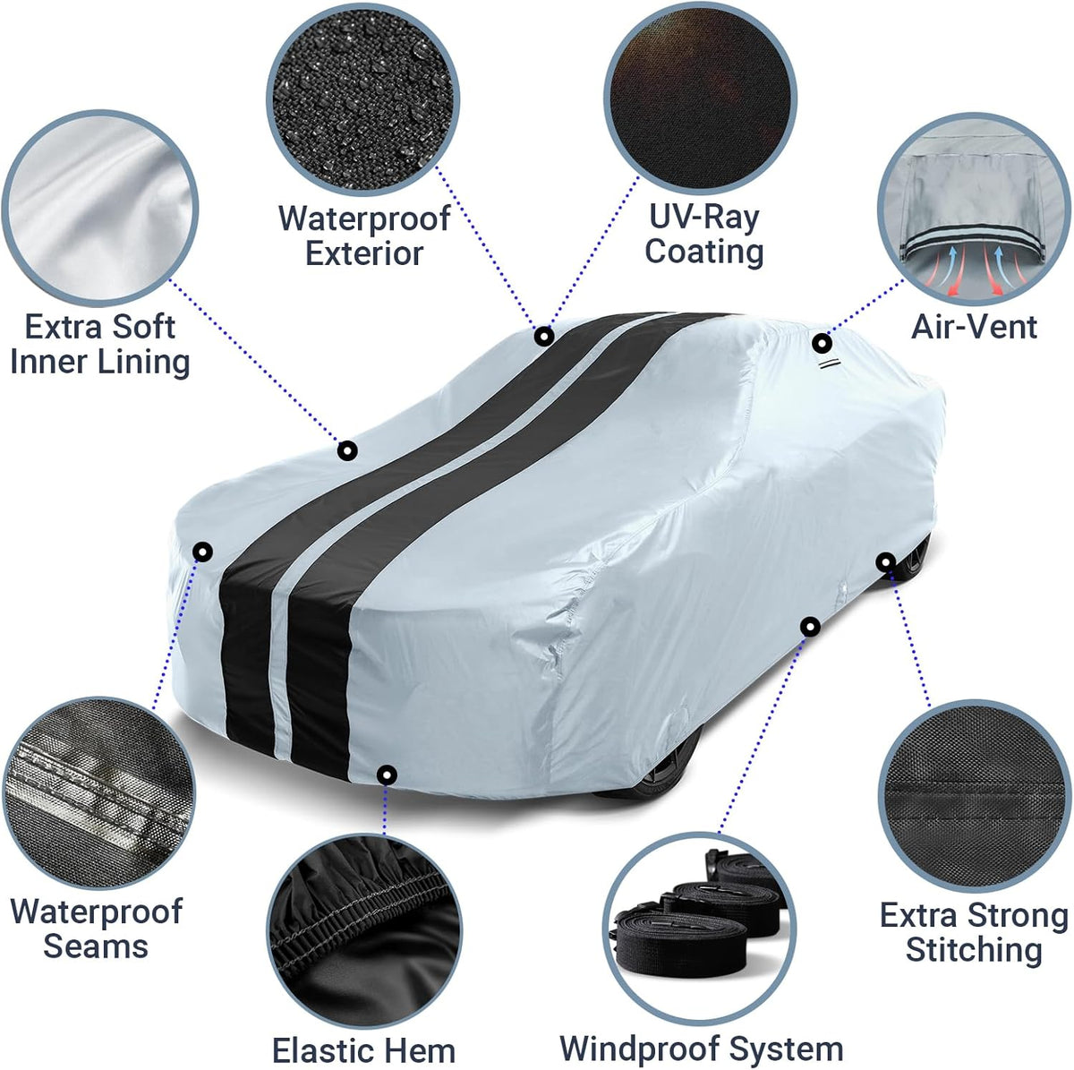 iCarCover Custom Car Cover for Pontiac Parisienne 2-Door (1965-1970) Waterproof All-Weather Rain Snow UV Sun Protector Full Exterior Indoor Outdoor Car Cover (Stripe - Gray/Black)