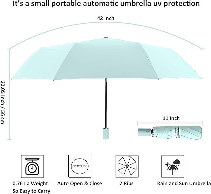 BAODINI Small UV Protection Travel Umbrella Compact for Rain and Sun UPF 50+ Windproof Portable 42 inch Umbrella for Women and Men