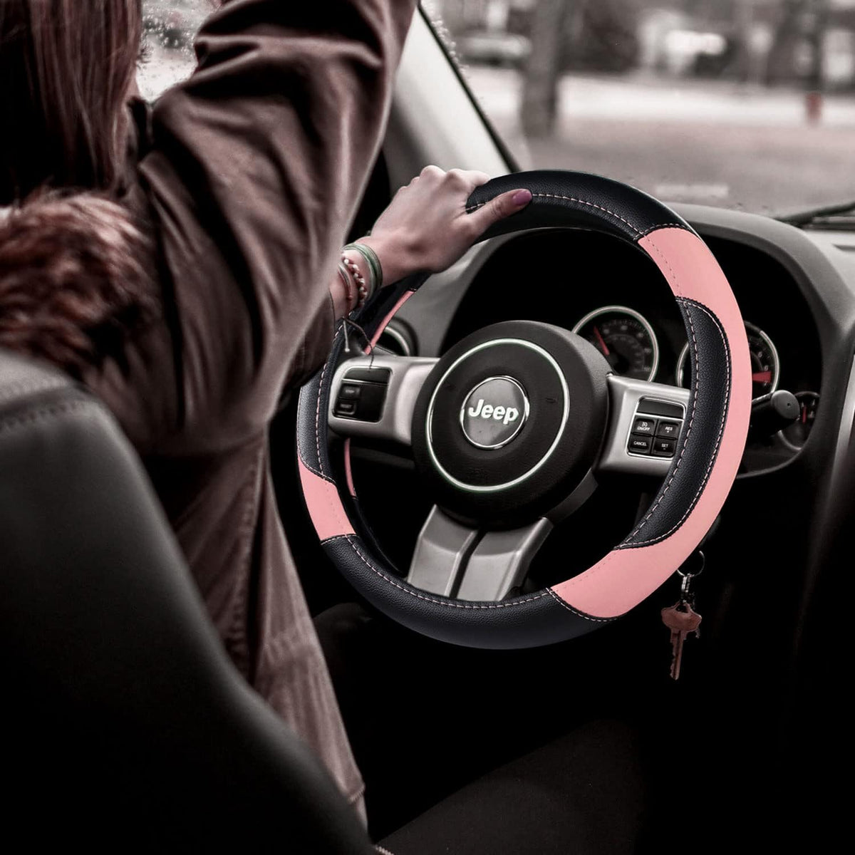 Leather Car Steering Wheel Cover, Non-Slip Car Wheel Cover Protector Breathable Microfiber Leather Universal Fit for Most Cars(Pink)