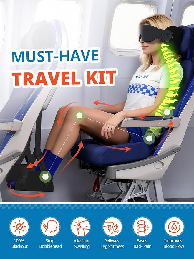 3 in 1 Airplane Travel Essentials Kit, Travel Pillow with Head Support, 3D Eye Mask for Sleeping, No Collapse Foot Hammock for Airplane, Portable Long Flights/Car Road Trip Essentials Sets