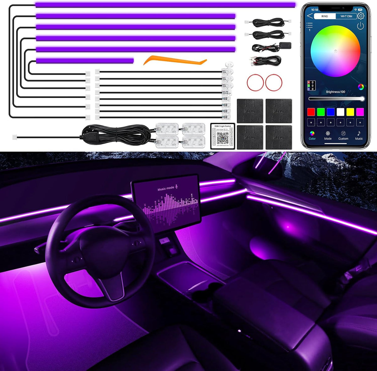 Acrylic Interior Car LED Strip Light with Wireless APP, RGB 18 in 1 with 175 inches 612 LEDs Fiber Optic Strip Lights for Car, Dual Zone Music Sync Neon Car Ambient Lighting Kits
