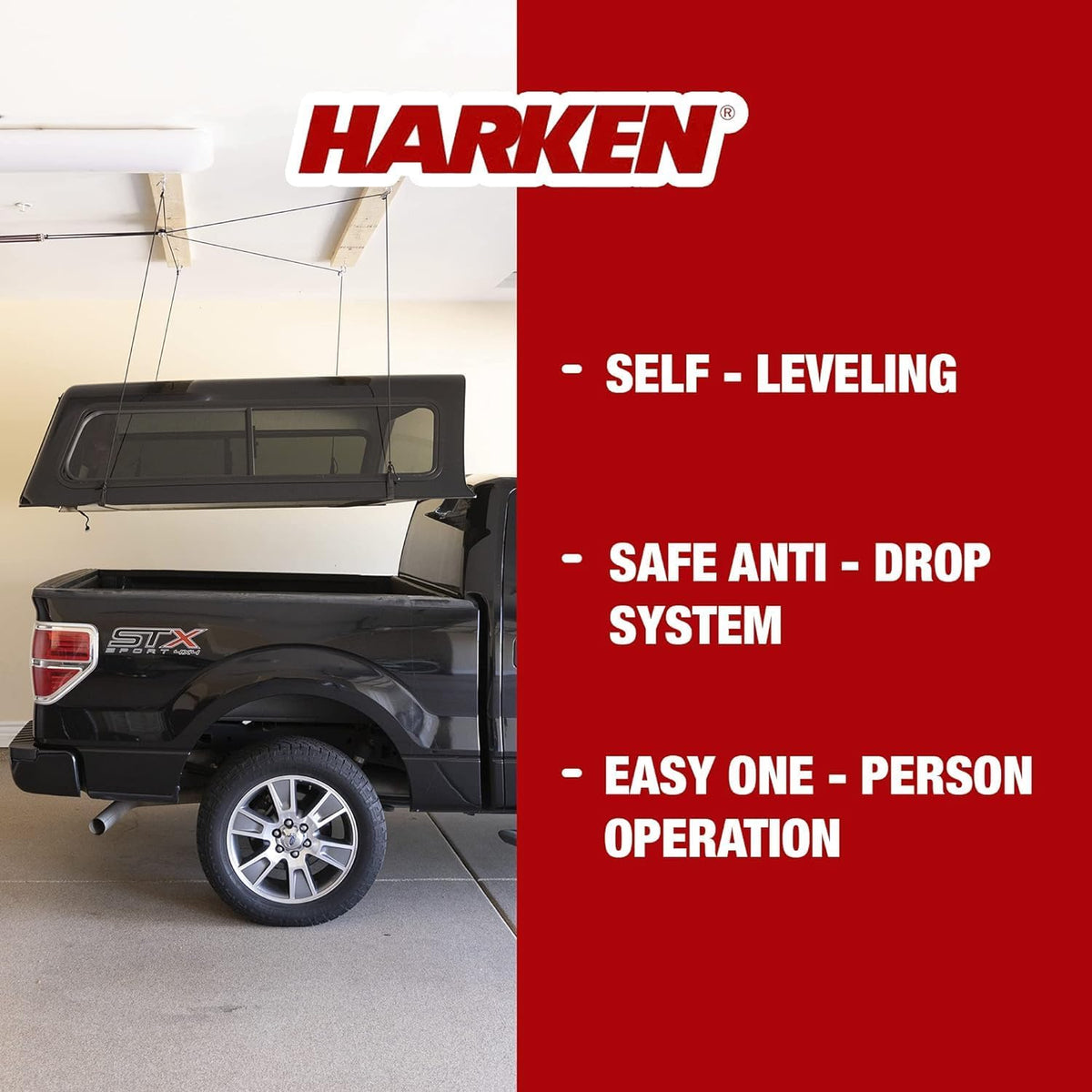 HARKEN - Truck Cap Overhead Garage Storage Hoist, Self-Leveling, Safe Anti-Drop System, Easy One-Person Operation, Smart Garage Organization
