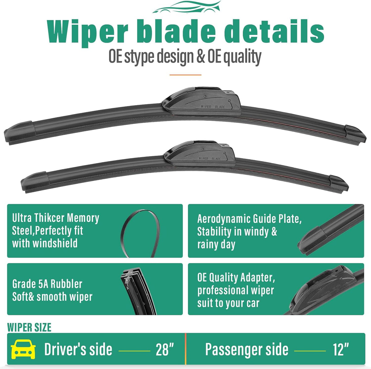 28" 12" 12" Windshield Wiper Blades Replacement for Nissan Versa Note 2014 2015 2016 2017 2018 2019 Premium All Weather Front Rear Wipers Set - OEM Quality (Pack of 3)