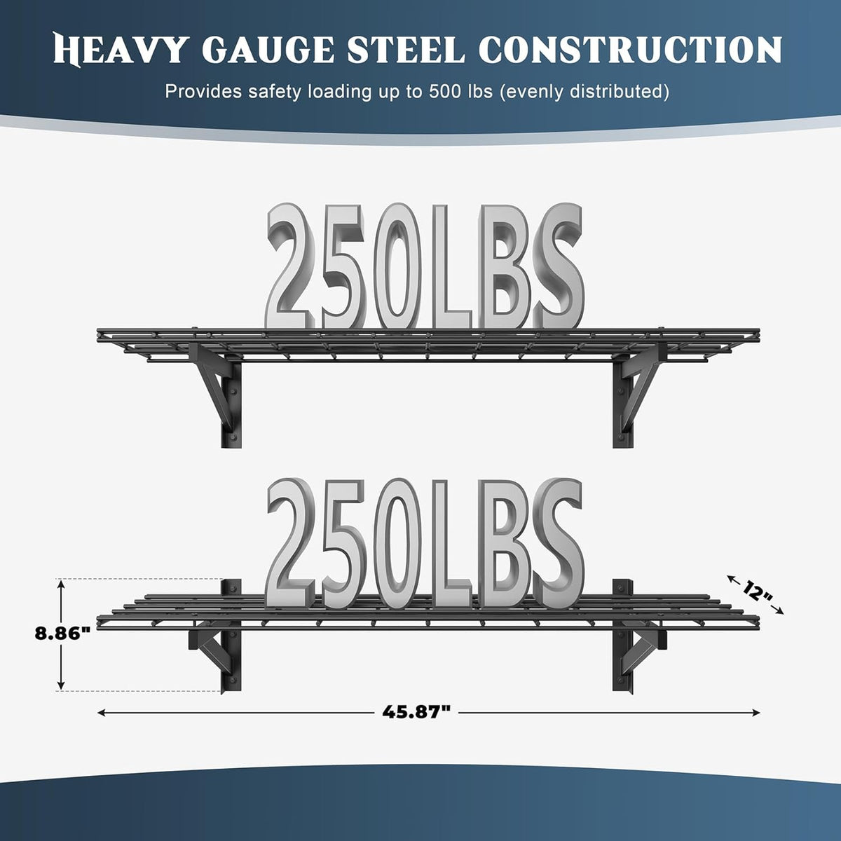 2 Pack Heavy Duty Garage Wall Shelving Set (1x4ft), Wall Mounted Garage Shelves 500lbs Capacity, 12"x48" Shelf Storage Rack Floating Shelves, Black