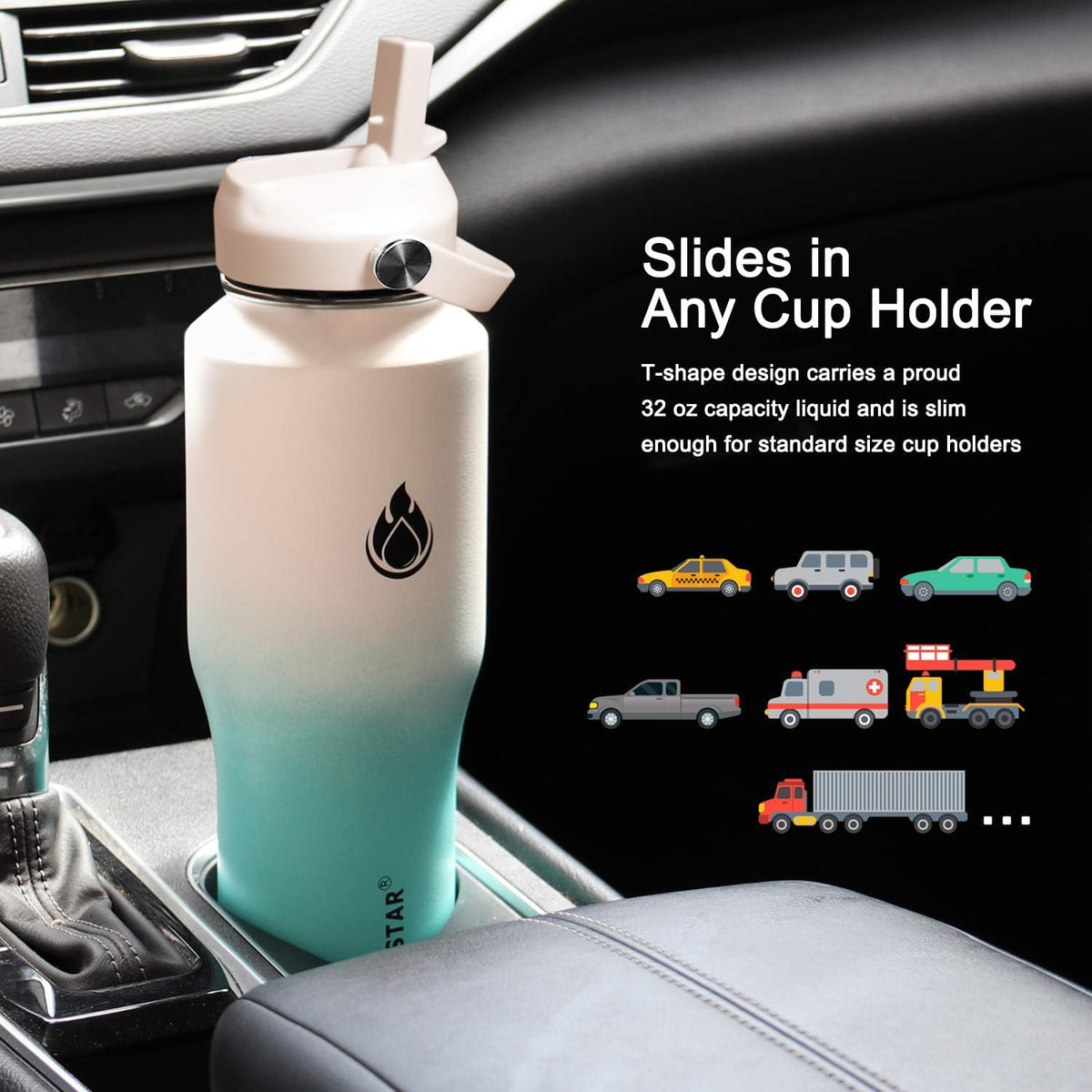 SENDESTAR 32oz Water Bottle Wide Mouth Stainless Steel Vacuum Insulated Double Wall with 2 Straw Lids Fit in Any Car Cup Holder TXIN-32-WT-1