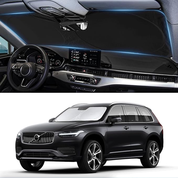 Custom Fit XC90 Windshield Sunshade for 2016 2017 2018-2024 2025 2026 Volvo XC90 SUV Interior Accessories Front Window Shield 210T Silver Coating Cover for Windshield Sun Visor Protector Blocks UV