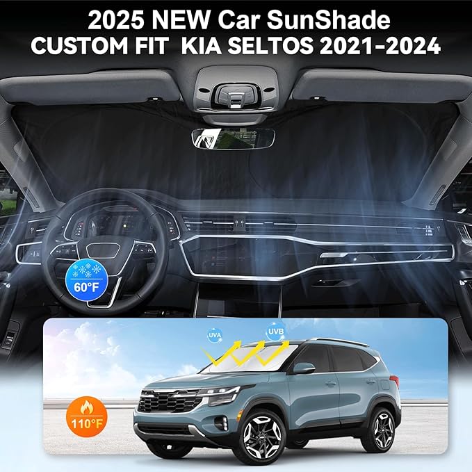 Custom Fit Seltos Windshield Sunshade for 2021-2024 2025 2026 Kia Seltos Front Window Shades Cover for Windshield Sun Visor Protector 210T Reflector Blocks UV Rays Cooler Car Accessories