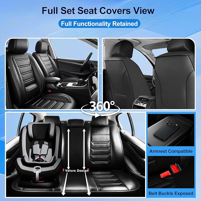 Fit Bolt Car Seat Covers for Select Chevrolet Bolt/Chevy Bolt EUV 2017-2025 - Premium Full Coverage Leather, Airbag Compatible, Waterproof & All Weather Seat Cushion Protector, Full Set, Black