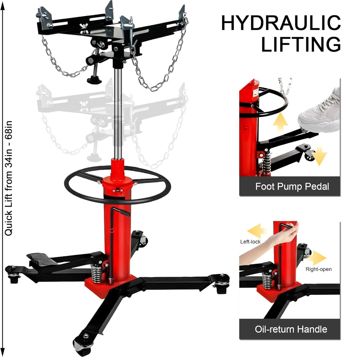 Transmission Jack 1660 lbs/ 0.75 Ton Capacity Hydraulic Telescopic Transmission Jack 34" - 68" Adjustable Height Telescoping Transmission Hydraulic with 360° Swivel Wheels Lift Hoist