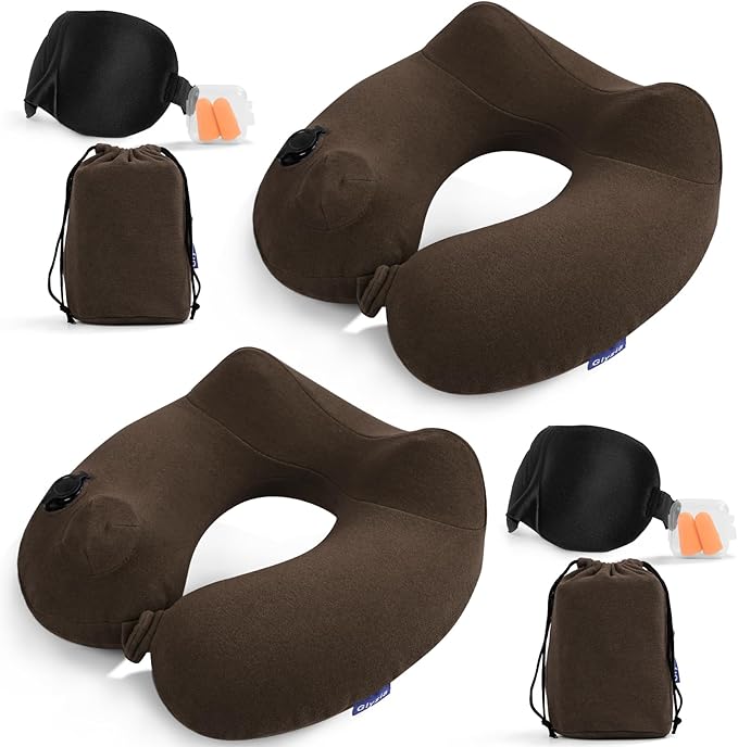 2 Pack Inflatable Travel Neck Pillows for Airplanes, Head Support Velvet Adult Neck Pillows for Long Flight, Kit with Eye Mask, Earplugs and Storage Bag, 2, Brown