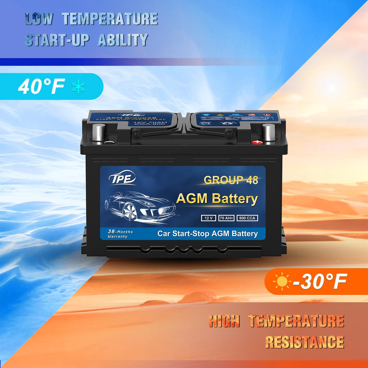 TPE AGM Battery BCI Group 48, Maintenance Free 12V 70Ah, H6 Size, 120RC, 800CCA, Automotive Battery, Reliable Performance for Cars Lead-Acid