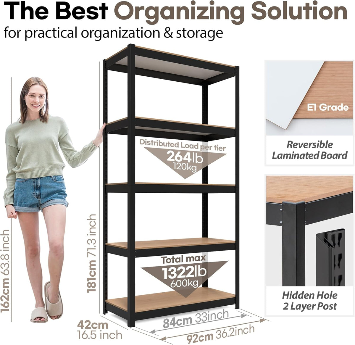 HOMEDANT House Black 5-Tier Laminated Metal Shelving Unit Adjustable Storage Utility Rack Heavy Duty Shelves Organization Shelf Kitchen Garage Pantry Closet 2Pack