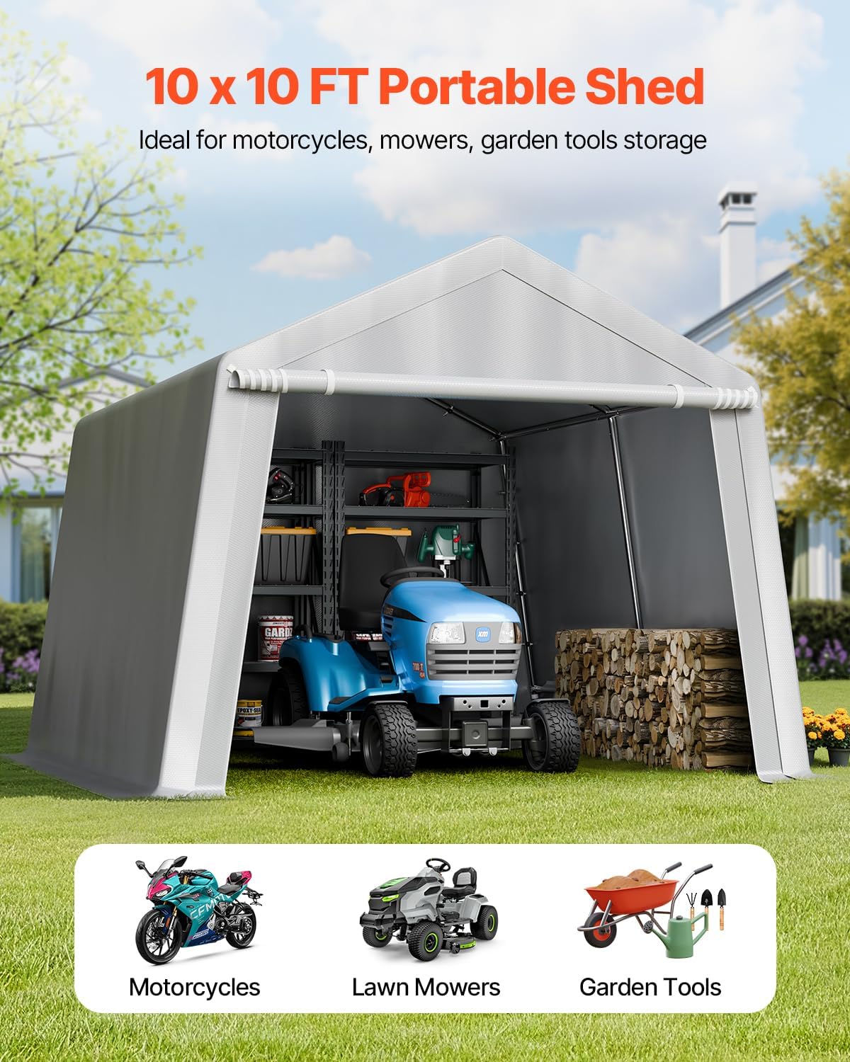 VEVOR Outdoor Storage Shed, 10 x 10 ft Portable Storage Tent with Roll-up Door & Vents, Waterproof Canopy Shed Shelter, Heavy Duty Frame, Patio Garage Carport for Motorcycle, Lawn Mower, Bike, Grey